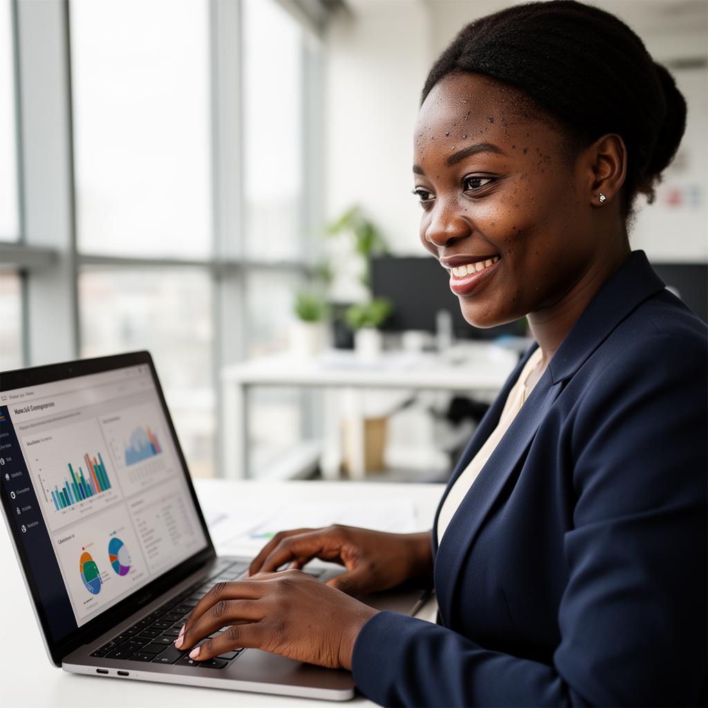 Nigerian woman professional showcasing AI dashboard on laptop.