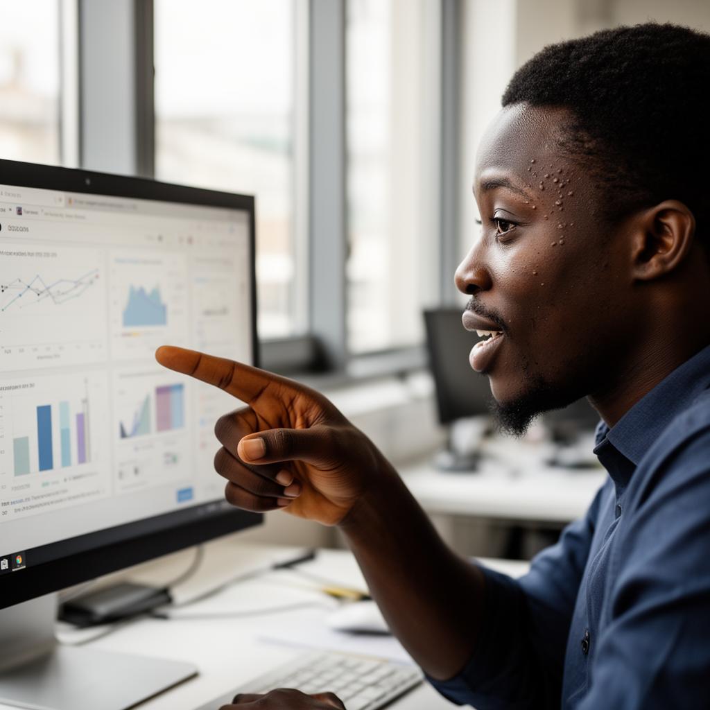 Nigerian man pointing excitedly at AI analytics on a monitor.