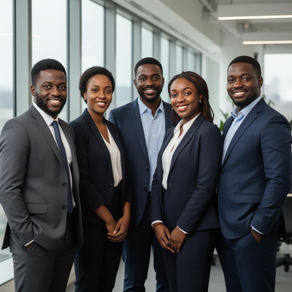 Confident team portrait of five Nigerian professionals in a modern office.