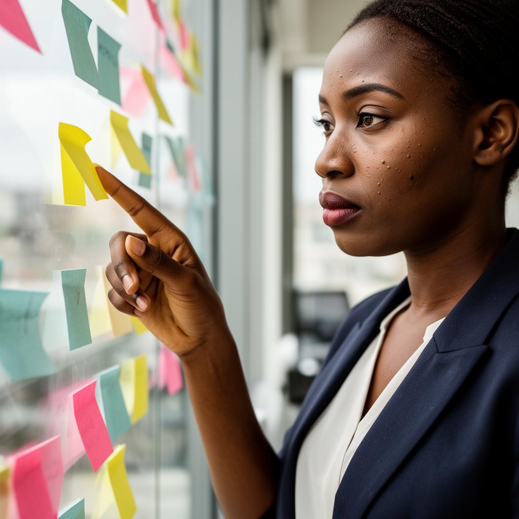 Nigerian product manager surrounded by AI-related sticky notes.