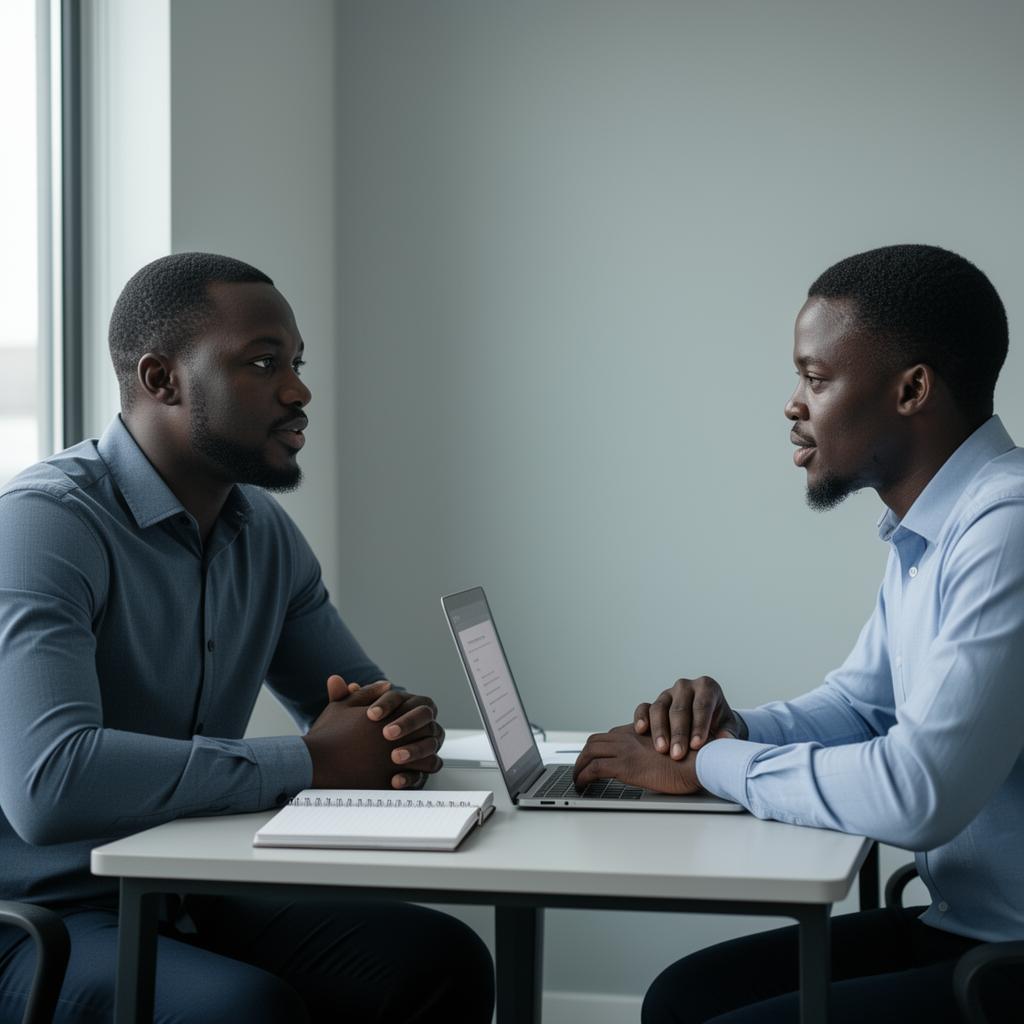 A Nigerian AIT coach guiding two colleagues through an AI workflow on a laptop in a modern office.