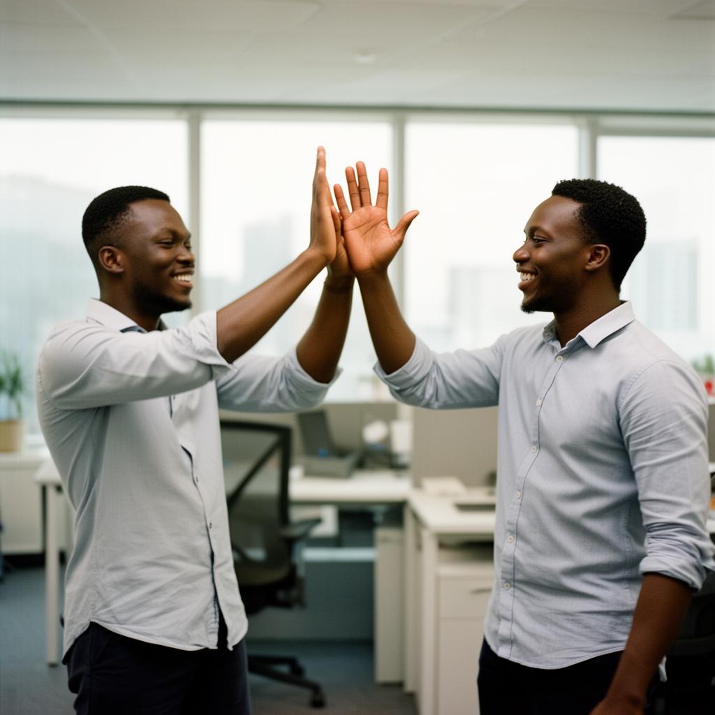 Nigerian colleagues clapping and celebrating an AIQ Winner of the Month holding a small gold trophy.