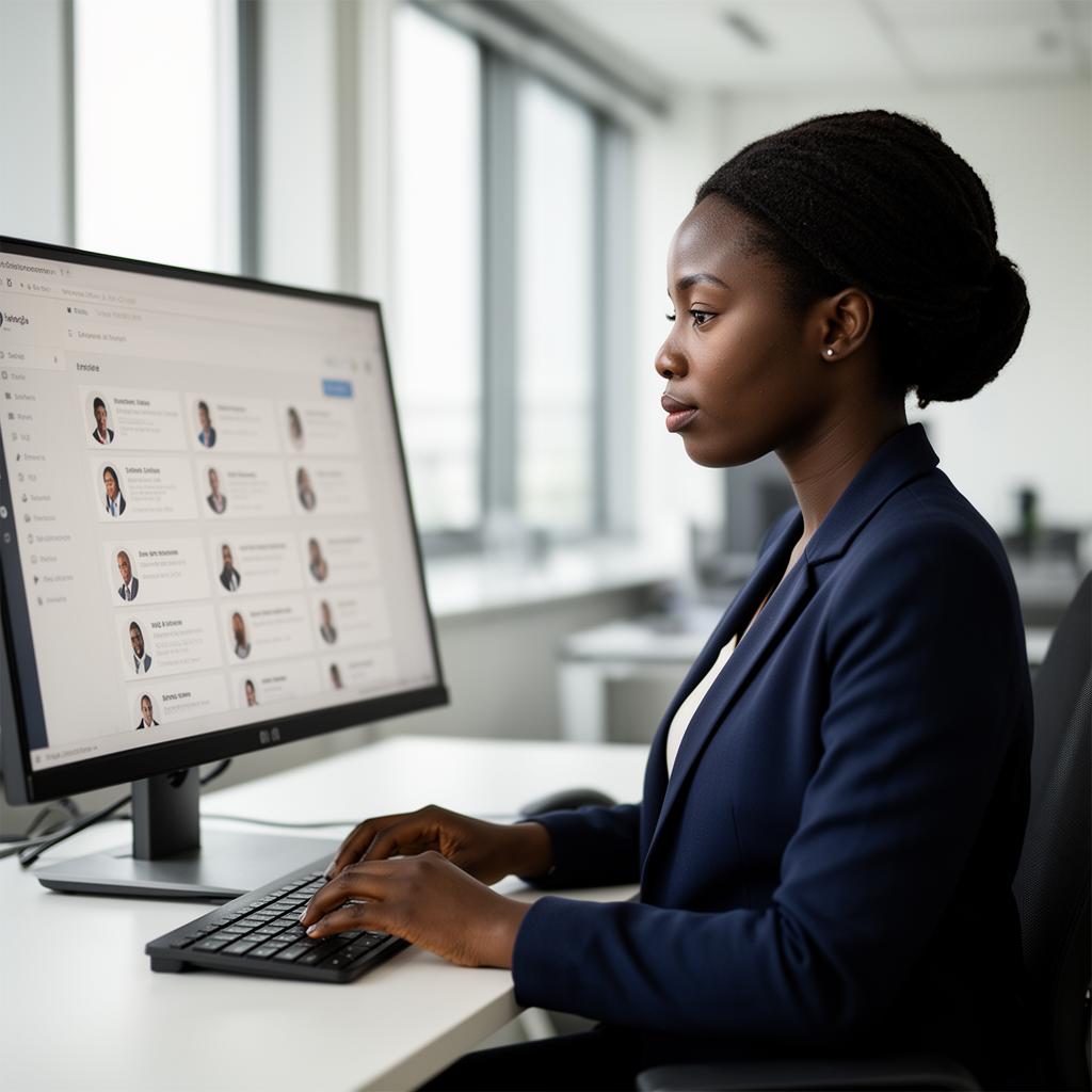 A Nigerian admin reviewing colleague profile cards on a large monitor in a modern office.