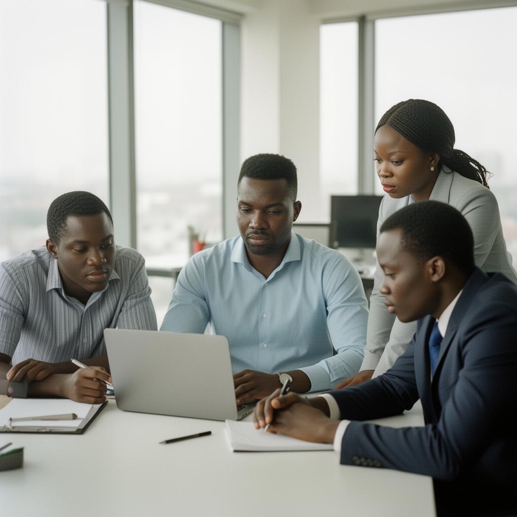 A team of Nigerian professionals reviewing AI IQ analytics on a large screen in a modern office.