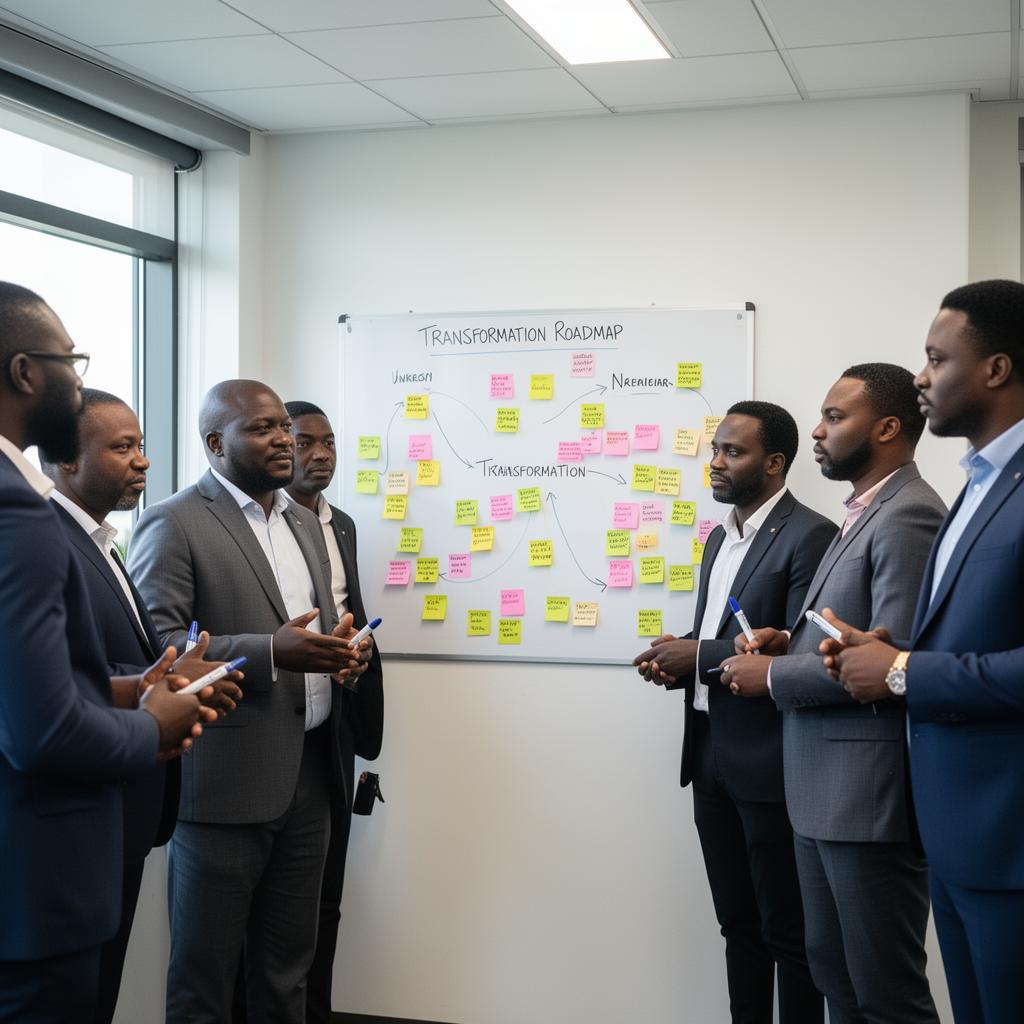 Nigerian executives in a modern boardroom presenting an AI transformation roadmap on a large screen.